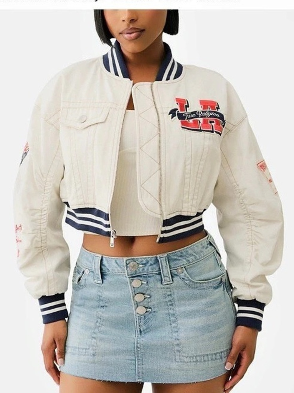 True Religion Women's Varsity Bomber Collar Jacket Cream & Blue